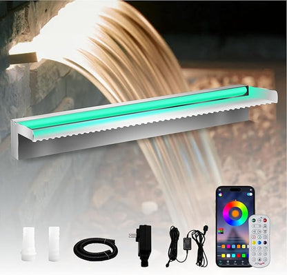 Pond Waterfall Spillway Stainless Steel Pool Fountain, APP Control LED Lighted Waterfalls Kit, Outdoor Water Flow Waterfalls Kit for Garden Patio Koi Pond Decoration-23.6"x7.8"x3.9"