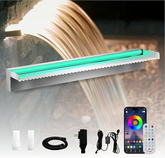 Pond Waterfall Spillway Stainless Steel Pool Fountain, APP Control LED Lighted Waterfalls Kit, Outdoor Water Flow Waterfalls Kit for Garden Patio Koi Pond Decoration-23.6"x7.8"x3.9"