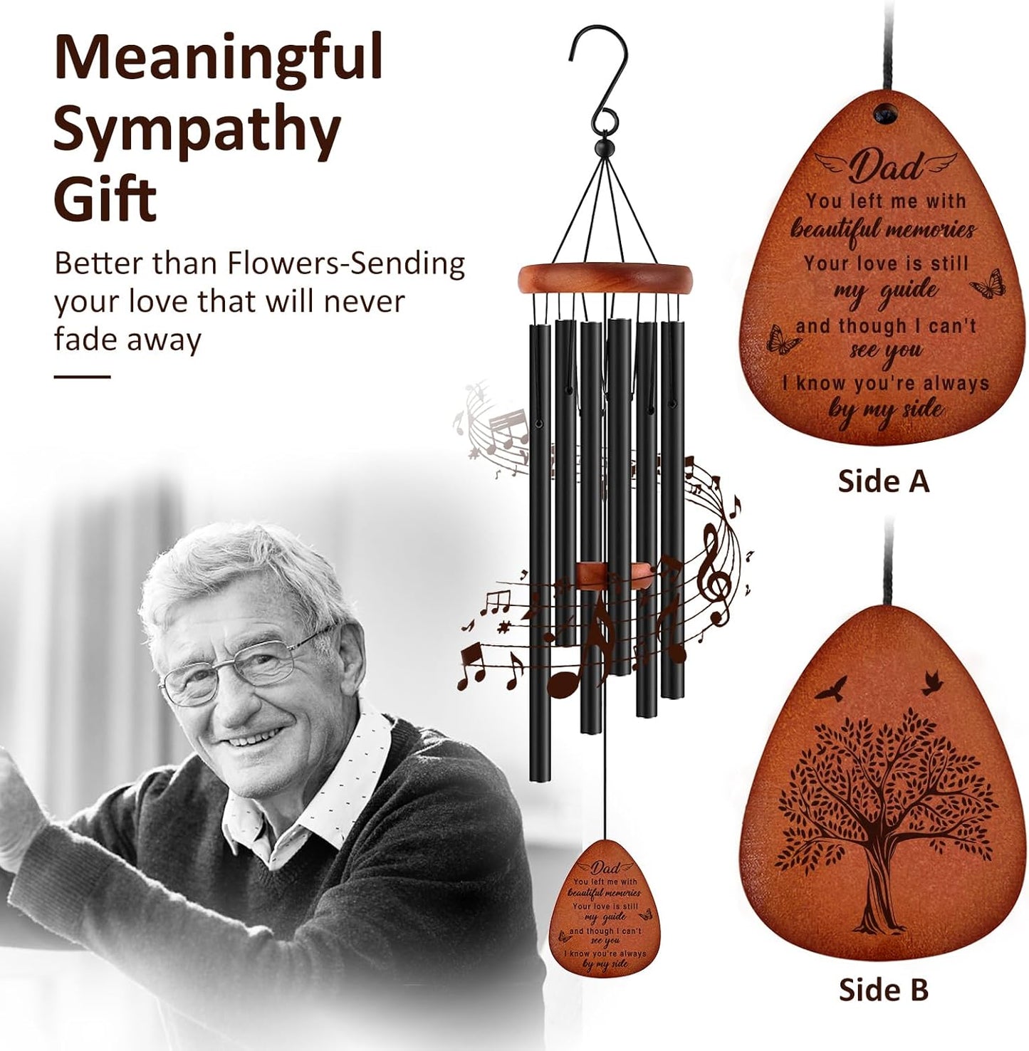 Memorial Gifts for Loss of Dad,Memorial Wind Chimes 25'', Bereavement Gifts for Loss of Father, Home Decor Outdoor Garden, Soothing Melodic Tones with Mute Option