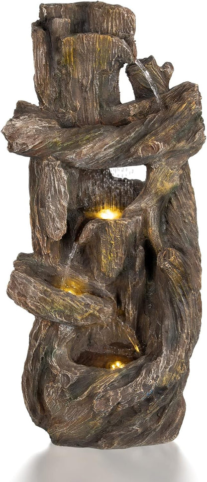 Ferrisland 5-Tiered Tree Trunk Large Water Fountain with LED Lights and Pump, 39.8" Tall Outdoor Freestanding Fountain, Realistic Wood Natural Looking Floor Resin Statue for Garden Patio & Backyard