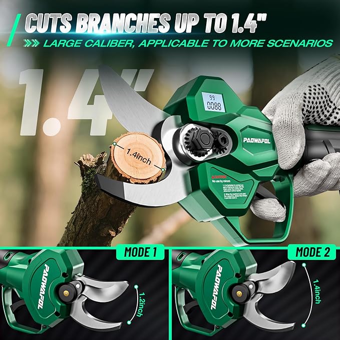 Electric Pruning Shears, 1.4 inch (35mm) Cutting Diameter Cordless Electric Scissors with LCD Display, 21V Brushless Motor Branch Cutter with 2 PCS Rechargeable 2000mAh Batteries & 2 Blades