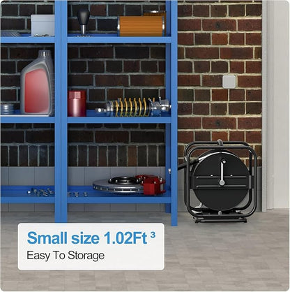 100ft Retractable Garden Hose Reel, Wall Mounted Metal Garden Hose Reel, Heavy Duty Stainless Steel Hose Reel with 9-Pattern Nozzle for Outside, Portable & 360° Rotation Frame