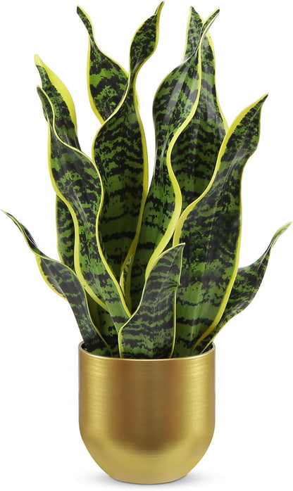 Hollyone Artificial Snake Plant Potted Faux Sansevieria Trifasciata Plants, 16.9" Tropical Mother in Law Tongue Fake Plants in Metal Gold Pots for Home Office Room Indoor Decor Housewarming Gifts