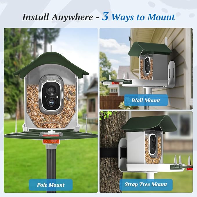 Smart Bird Feeder with Camera, 2K HD AI Identify Birds Species, Bi rd Watching Camera with Solar Panel, Instant Notifications, Ideal Present for Bird Lover, Dark Green