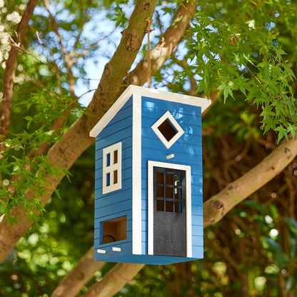 Glitzhome Large Bird Houses for Outside, Hanging Bird Houses for Outdoors, 14"H Modern Hand Painted Solid Wood Cottage Hummingbird House, Functional Decorative Birdhouse for Garden Patio Backyard,Bule