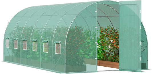 VEVOR Walk-in Tunnel Greenhouse, 19.4x9.7x7.4 ft Hoop House Greenhouse Tunnel, Plant Hot House with Galvanized Steel Frame, Green PE Cover, Swing Door and 12 Roll-up Windows for Outdoor