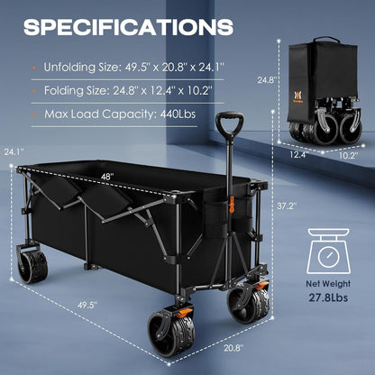 Navatiee 48'' Extra Long Collapsible Wagons Carts Foldable, 440Lbs Heavy Duty Folding Beach Wagon with All-Terrain Big Wheels, 300L Capacity Utility Garden Carts for Camping, Sports