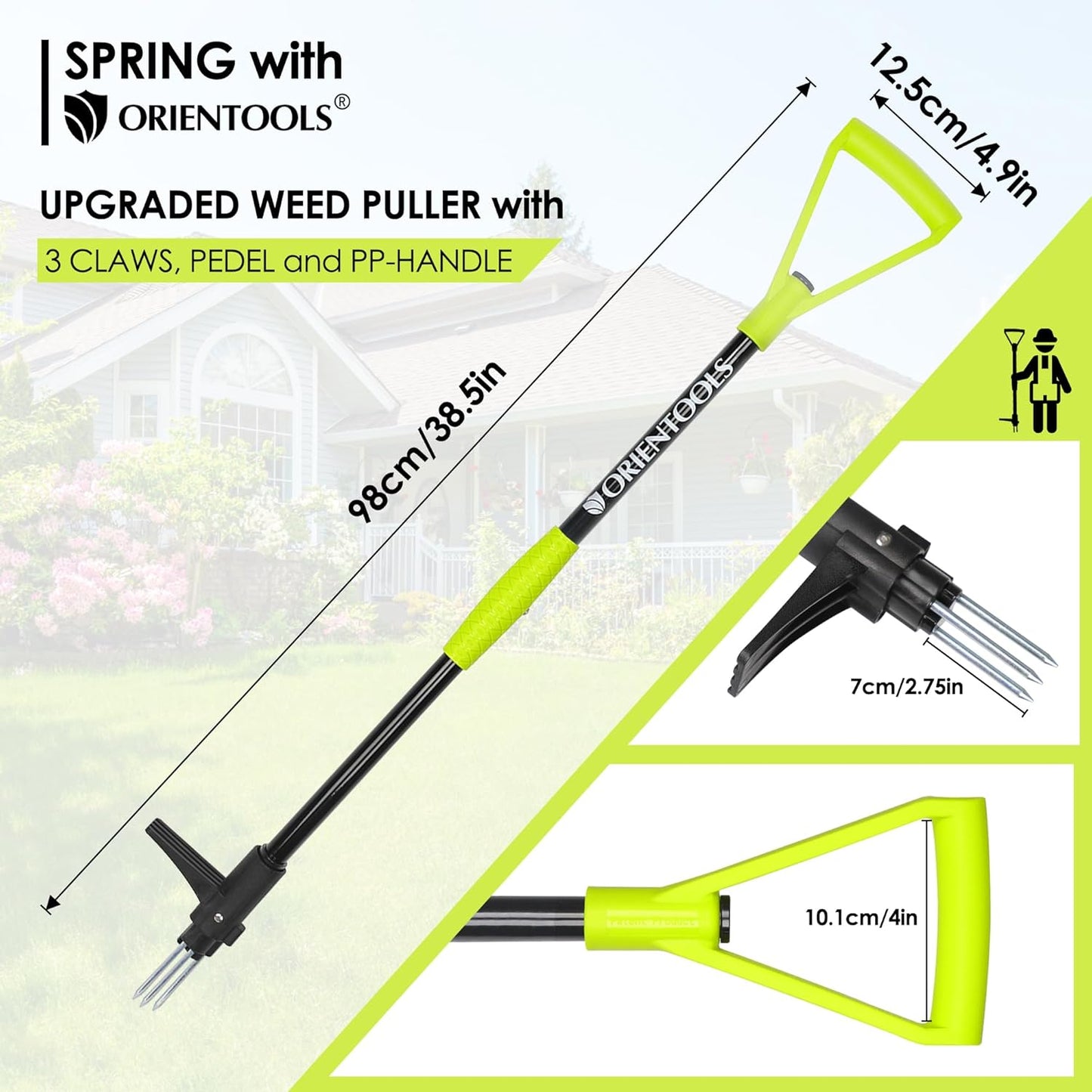 ORIENTOOLS Weed Puller Stand Up Weeder Hand Tool with 3 Claws for Dandelion, Steel Twist Hand Weed Root Pulling Tool Grabber and Picker, 38" Long Handle Lawn Easy Root Remover Garden Tool with D-Grip