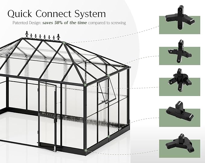 Jocisland 14x9.5x9 FT Outdoor Aluminum Greenhouse with Quick Connect Fittings, 6 FT Height Double Doors with Hook, Hybrid Polycarbonate Walk-in Greenhouse for Backyard, Black