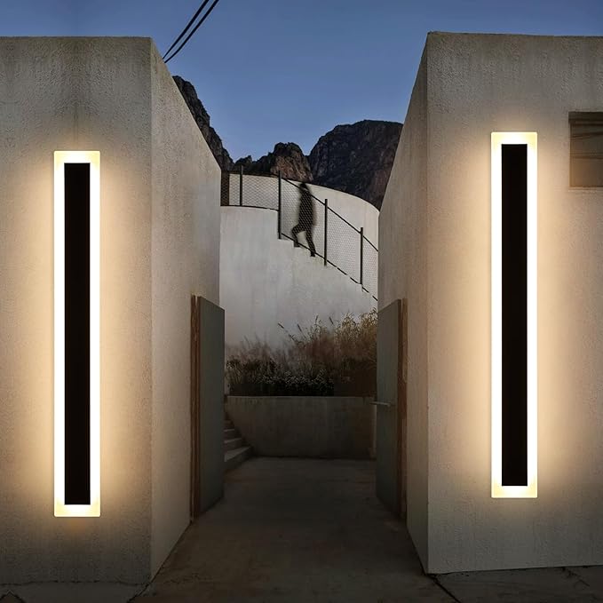 Upgrade Widened 2 Pack Long Outdoor Modern LED Wall Light, 47.2inch Large Black Wall Sconce, 3 Color 3000K/4500K/6000K, IP65 Waterproof, 41W, Exterior Lighting Fixture for House, Fence, Yard, Patio