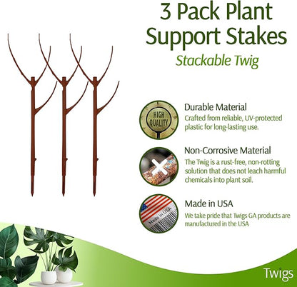 Stackable Plant Support Stakes, Stem Holder Structures for Indoor & Outdoor Use, Garden Accessories for Climbing & Potted Plants, Trellis Alternative - Begonia Red, 3 Pack, 17" L