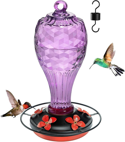 Hand Blown Glass Hummingbird Feeder for Outdoors Hanging with Ant Moat, Never Fade, 20 Ounces, Leak-Proof‌, Garden Backyard Decor for Bird Watching, for Mom Dad, Purple