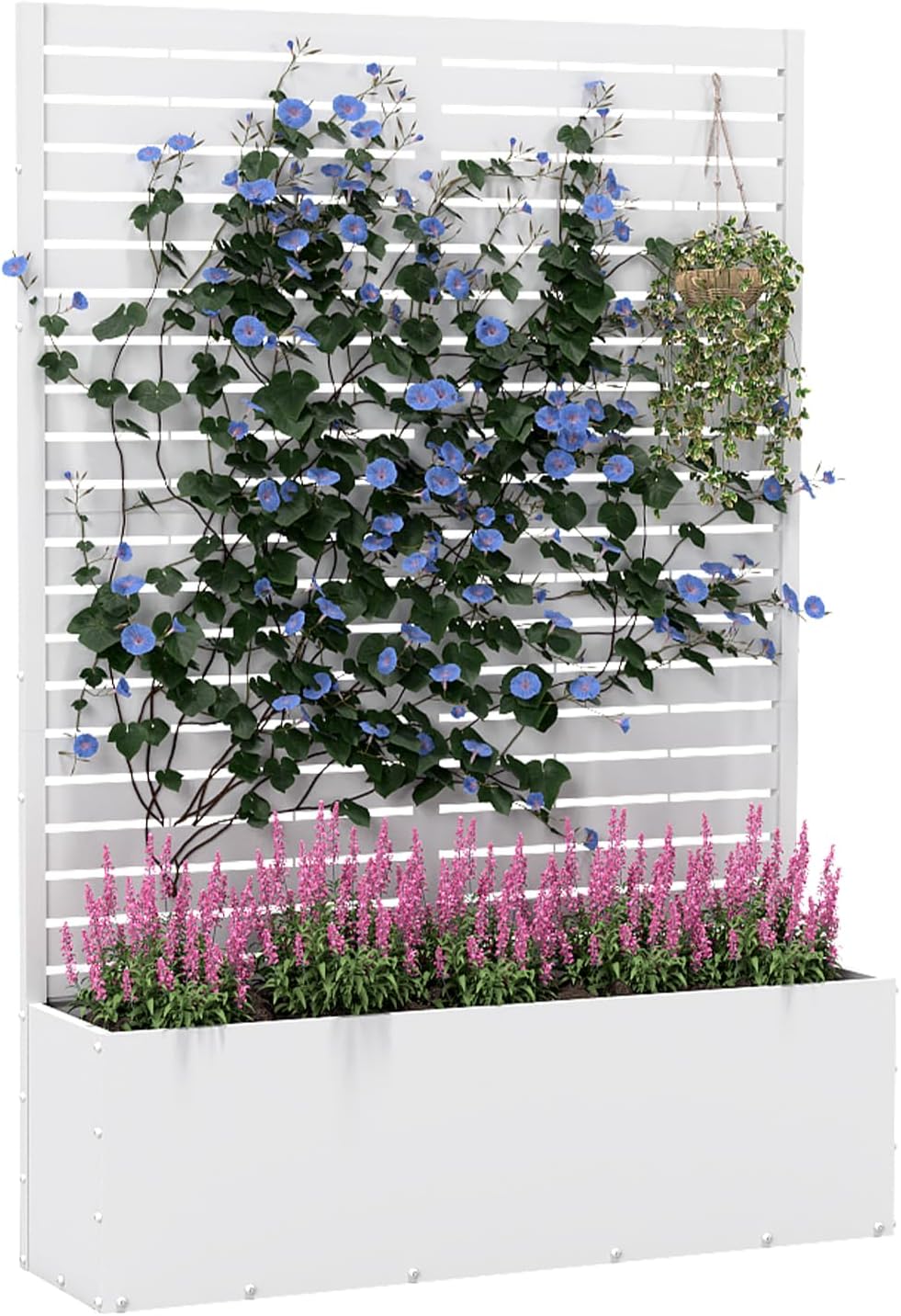 Metal Planter Box with Trellis,70.9"x47.2"x15.7" Raised Garden Bed with Drainage Holes, Privacy Planters for Outdoor Garden Bed for Climbing Plants,Vegetables,and Vines, White-louvered
