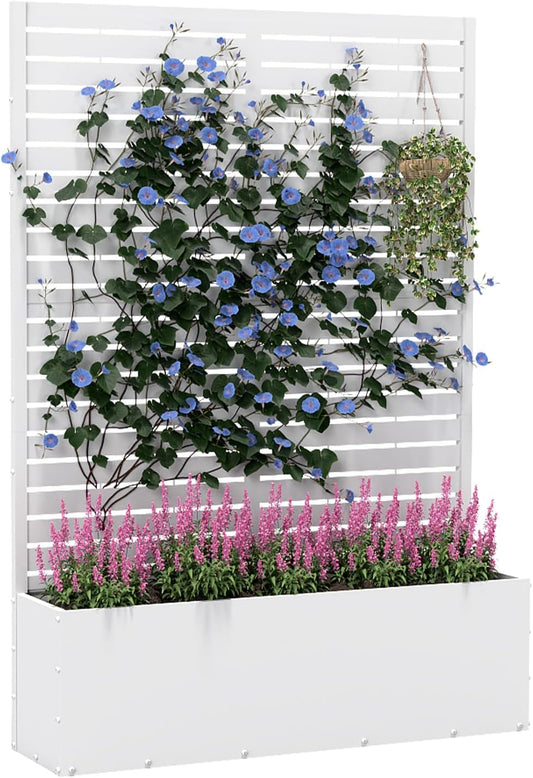 Metal Planter Box with Trellis,70.9"x47.2"x15.7" Raised Garden Bed with Drainage Holes, Privacy Planters for Outdoor Garden Bed for Climbing Plants,Vegetables,and Vines, White-louvered