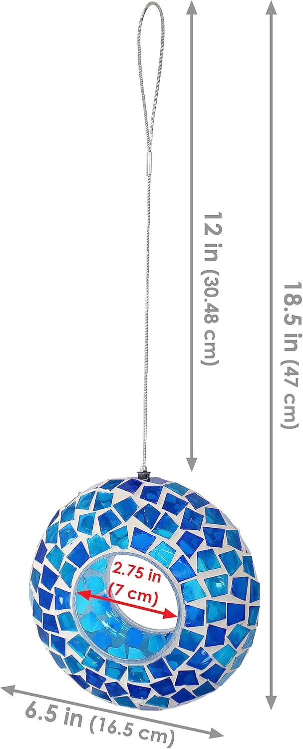 Sunnydaze 6-Inch Glass Mosaic Hanging Bird Feeder for Outdoors - Fly-Through Wild Bird Feeder - Blue Mosaic