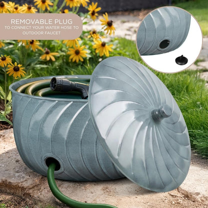 Monarch Abode Decorative Garden Hose Holder with Lid, Patina Storage for Outdoor Use, 100 ft Water Hose Pot for Outside, Wave Embossed Metal Pot with Drainage, Garden Storage Organizer