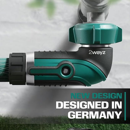 2WAYZ 90 Degree Hose Elbow Adapter - Heavy Duty Full Metal Body Garden Hose Shut Off Valve - 3/4-Inch Inlet and Outlet Angle Connector for RV, Waterhose Elbow - 2.3x2.3x4.1-Inch (Green and Black)