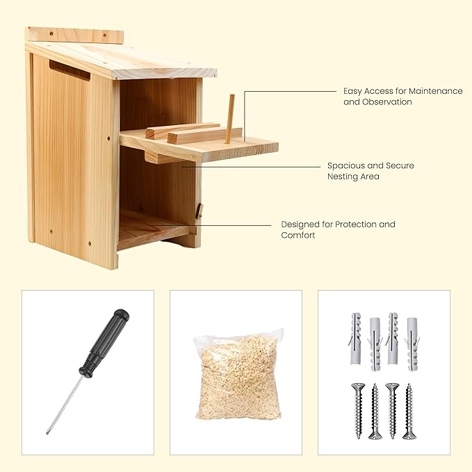 Owl House for Outdoors – Premium Large Cedar Nesting Box – Prebuilt Wooden Birdhouse for Screech Owls – Easy to Hang with Two Hanger Brackets, Mounting Screws & Cedar Shavings