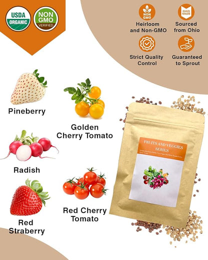 Red Strawberry and Pineberry Seed Pod Kit for AeroGarden, idoo, Ahopegarden, MUFGA with Strawberry, Pineberry, Radish, Red/Golden Harvest Cherry Tomato - Compatible with All Hydroponics (12-Pod)