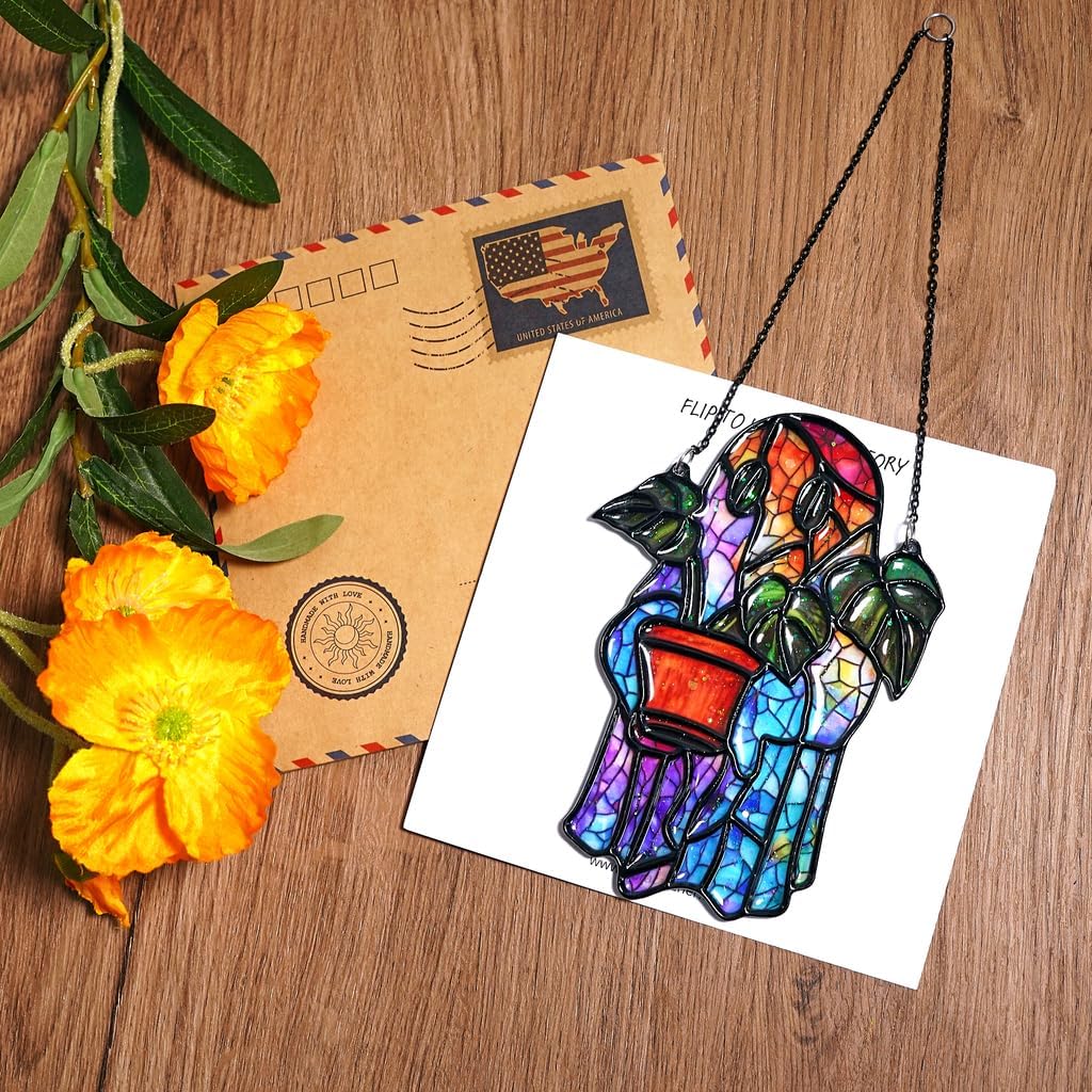 Ghost Monstera Handmade Artisan Resin Sun Catcher Stained Glass Effect Christmas Window Hanging Ornament Garden Decor