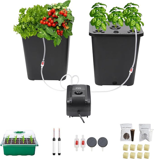 DWC 2 Hydroponic Buckets Kit for Plants, Hydroponics Growing System for Herbs/Tomato/Vegetables, DWC System with Air Pump & Germination Tray (Complete Indoor Hydroponic Gardening Supplies) (Black)