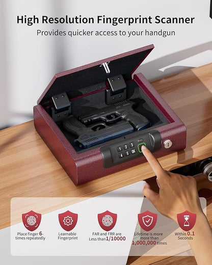 Gun Safe,Biometric Gun Safe for Pistols 3-Ways unlock Fingerprint Digital PIN Key Unlock with Voice,Lock box for Cloakroom living room Bedroom Nightstand and Car BILLCONCH - Burgundy Red