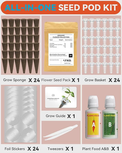 LYKOCLEAN 24 Pods Flower Seed Kit Compatible with AeroGarden Hydroponics Growing System, Indoor Garden Starter Set with Lavender, Sunflower, Petunia and Marigold