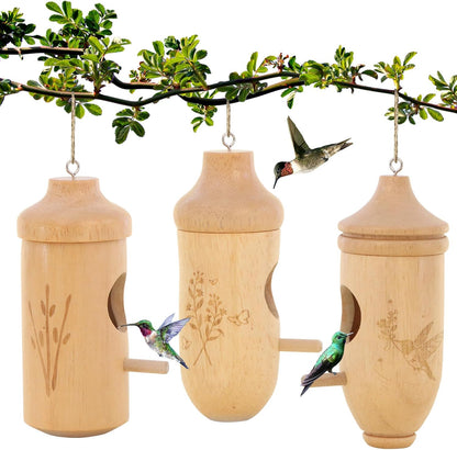 Hummingbird House - Natural Wooden Hummingbird Houses for Outside Hanging, Gardening Gifts for Women Home Decoration 3 Packs