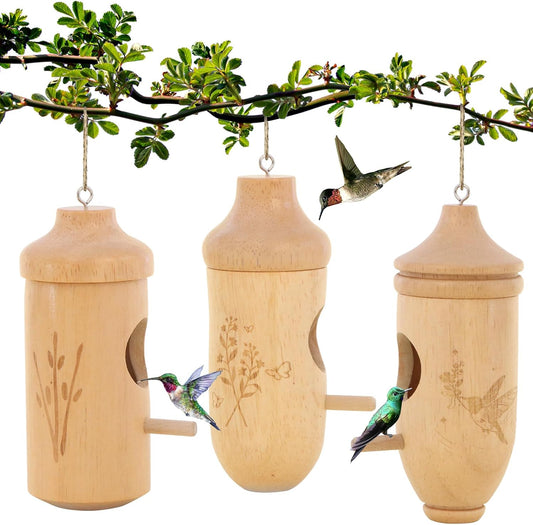 Hummingbird House - Natural Wooden Hummingbird Houses for Outside Hanging, Gardening Gifts for Women Home Decoration 3 Packs