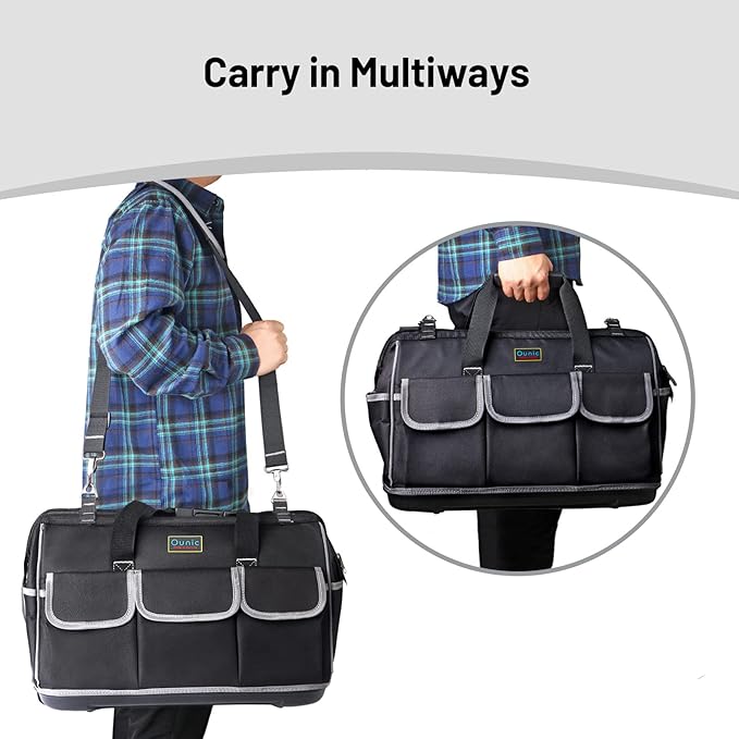 Tool Bag, Ounic 22 Inch Large Heavy Duty With Wide Mouth and Waterproof Strong Molded Base tool Organizer with Adjustable Shoulder Strap Specially Designed for Various Tools（Black)