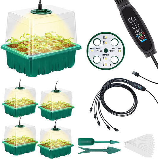 Seed Starter Tray 5 Packs Seedling Starter Trays with Grow Light 8 LEDs, Timer, Dimmable, Seed Starting Trays Kit with Humidity Dome (60 Cells) Indoor Gardening Plant Germination Tray