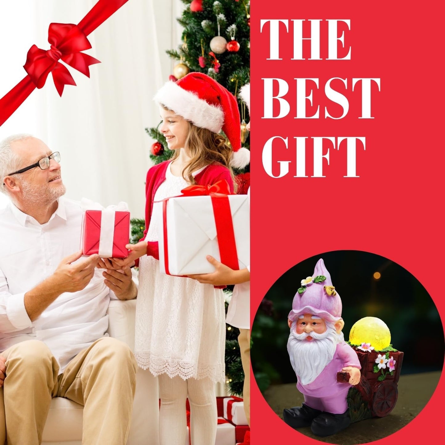 Solar Garden Gnome Statue with Crackle Glass Globe Lights, Waterproof Outdoor Decor for Patio, Lawn, or Yard, Whimsical Housewarming Gift(Pink Gnomes)