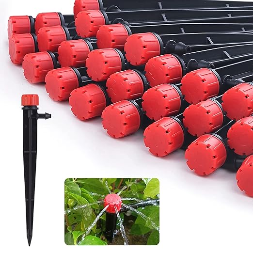 50 pcs Drip Irrigation Emitters Drip Emitters for 1/4" Drip Irrigation Tubing Adjustable 360 Degree Water Flow Irrigation Drip Heads Drip Irrigation Spray Emitters for Flower Plant Watering System