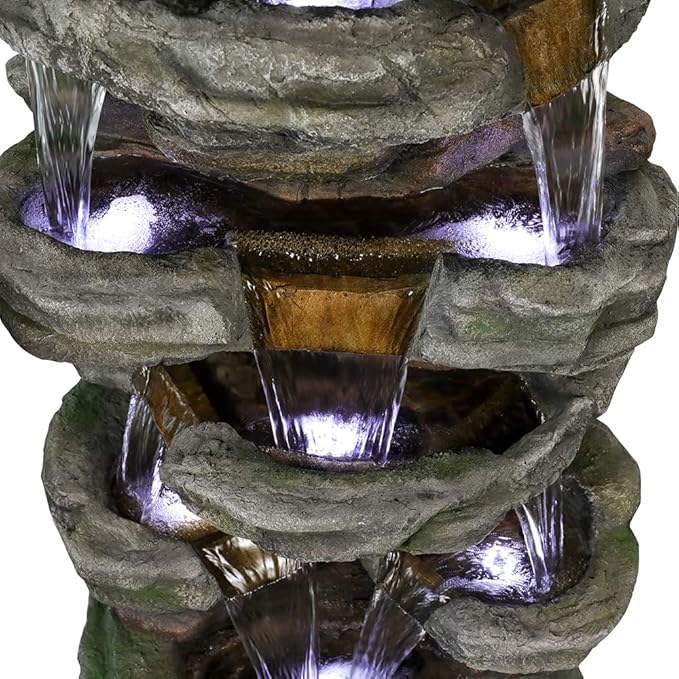 SunJet 47.2" High Cascading Rock Outdoor Water Fountain with LED Lights - Large Outdoor Resin Fountains and Waterfalls for Garden or Patio, Yard, and Deck Decor, Featuring Natural Stone Look