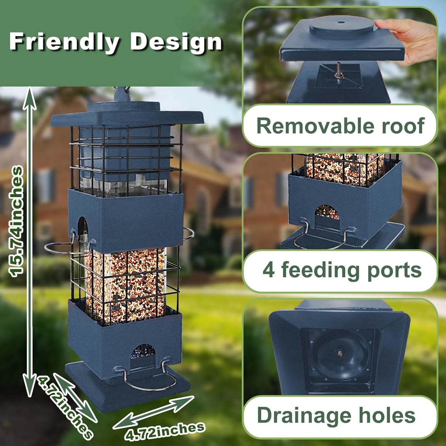 Squirrel Proof Bird Feeder,3lb Bird Feeders for Outdoors Hanging, Metal Birds Feeder with 4 Feeding Ports, Wild Birds Feeder for Cardinal, Finch, Sparrow (Blue)