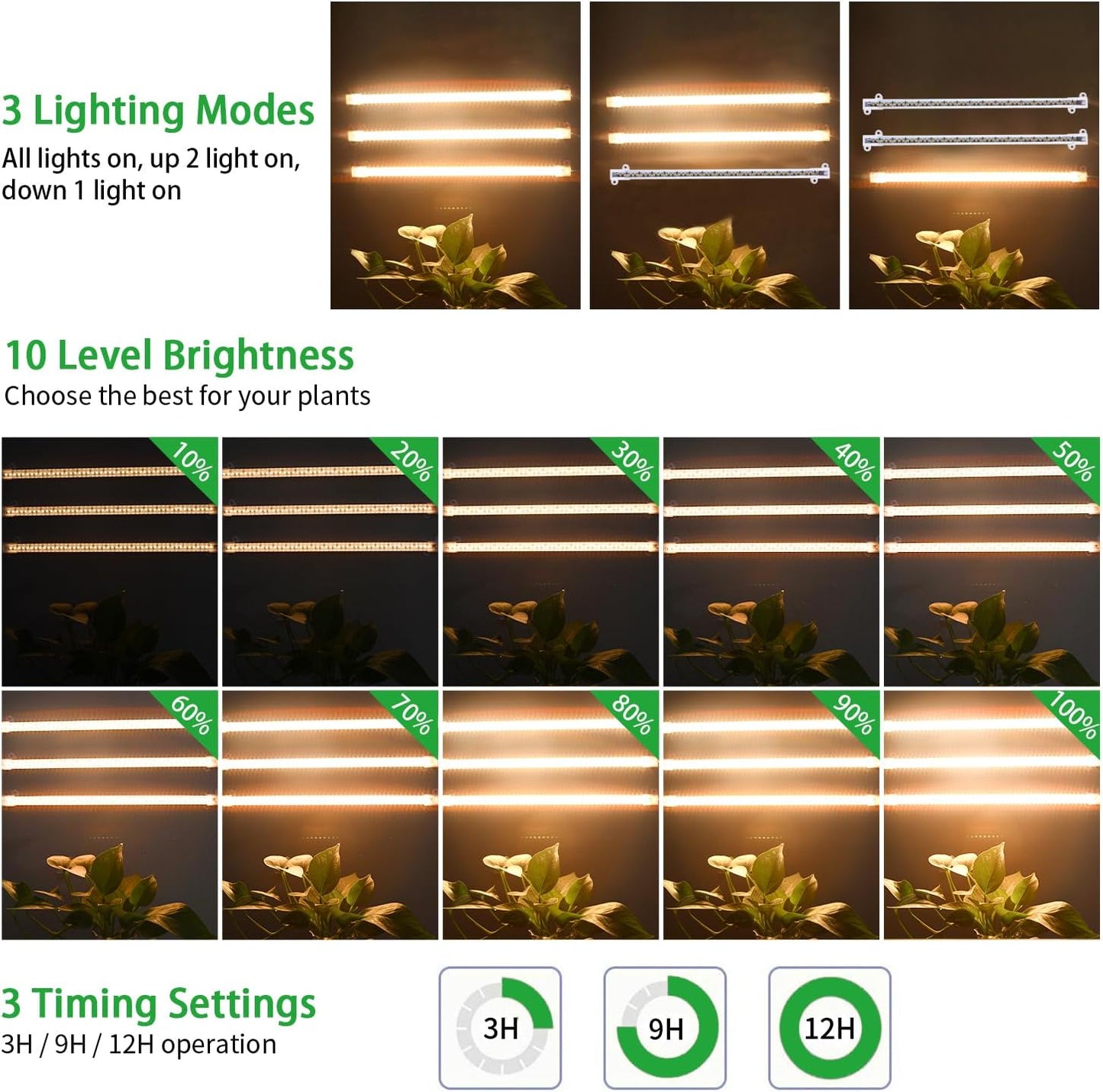 LED Grow Light Strips, Full Spectrum Plant Growing Lights for Indoor Plants 3500K, 144 LEDs Plant Lamp with 3/9/12H Timer, 10 Dimmable Levels, 3 Head 13 Inches