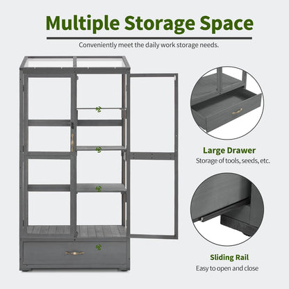 Macrout Cold Frame Greenhouse, Tall Wooden Greenhouse for Outdoor Indoor Use with Polycarbonate Panels, 3 Tier Garden Cold Frame with Drawer and Shelves, 0864 (Dark Grey)