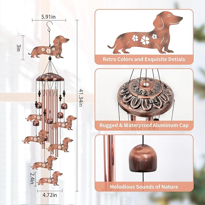 Dachshund Dog Wind Chimes for Outside, Dachshund Gifts for Women, Memorial Dog Wind Chime, Large Dachshund Decor for Dog Lovers, 40" Outdoor Garden Decor for Lawn, Porch, Patio, Yard