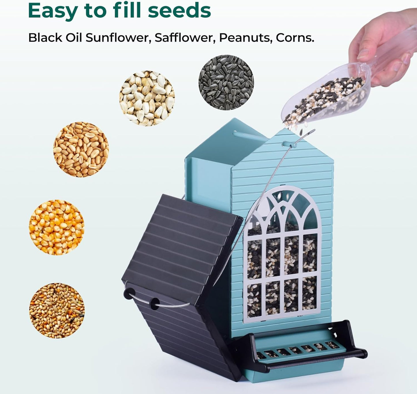 Squirrel Proof Bird Feeders for Outdoors Hanging, 5LBS Large Capacity, Metal Wild Seed Feeder with Bilateral Weight-Activated Perches, Anti Squirrel Birdfeeder for Outside Finch, Cardinal- Blue