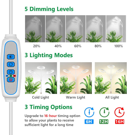 Grow Lights for Indoor Plants, 3 Head Full Spectrum Plant Light with 68" Adjustable Stand for Growing Large Tall Plants, White Halo Floor LED Grow Lamp with 16 Hour Timer