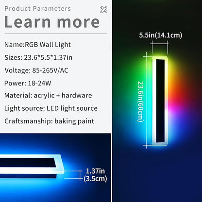 Widened 2 Pack RGB Outdoor Wall Lights, 23.6inch Long Dimmable Modern LED Wall Sconces, 10 Colors, 5 Modes, IP65 Waterproof Black Minimalist Lighting for Porch, Garage, Patio, Exterior House