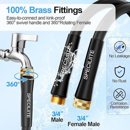 SPECILITE 3/4" Hot/Cold Garden Hose 75 ft with Industrial High Pressure Nozzle, Flexible & Lightweight, 600psi Burst Rubber Water hose -50℉-158℉ With 3/4" Brass Fittings for Yard, Black