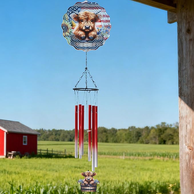 Highland Cow Wind Chimes - Cows Gifts for Women Mom Metal Windchime with Spinners Garden Decor Indoor Outdoor Art Hanging Decoration for Patio Yard Balcony Home Christmas Birthday Gift