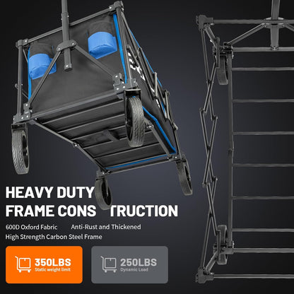 EchoSmile Collapsible Foldable Wagon Cart with 350lbs Weight Capacity, Heavy Duty Folding Utility Sport Wagon with Removeble Wheels for Camping,Grocery,Garden,Beach,Black &Blue