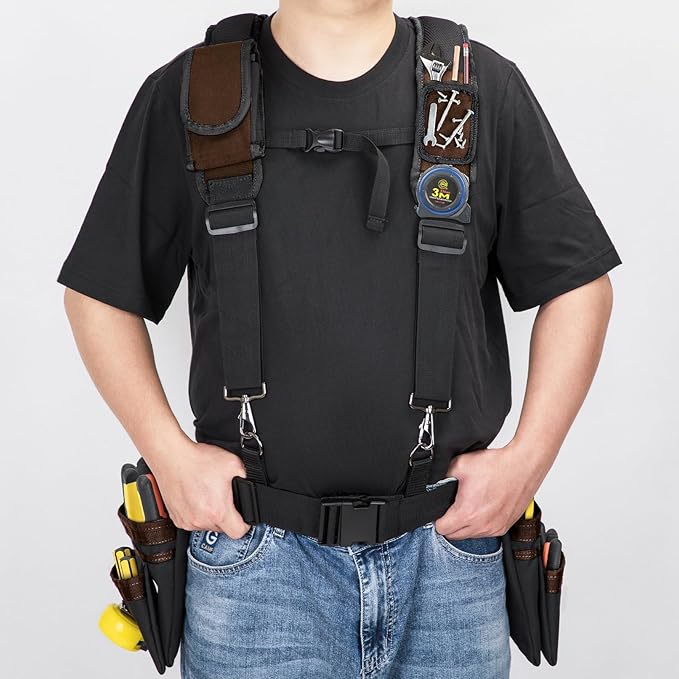 Tool Belt With Suspenders, 24 Pockets Tool Bag with Magnetic Wristband, Detachable Tool Pouch Bag, Adjustable Waists for Men Electrician Carpenter Construction (Brown)