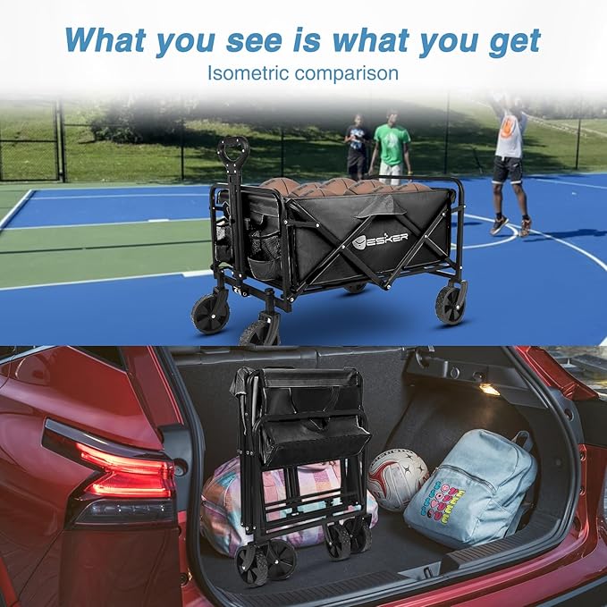 Yesker Foldable Wagon - 220lbs Collapsible Garden Carts with All Terrain Wheels for Outdoor Camping Sports Shopping Gardening - Heavy Duty Portable Utility Trolley (Black)