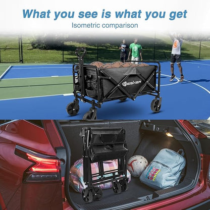 Yesker Foldable Wagon - 220lbs Collapsible Garden Carts with All Terrain Wheels for Outdoor Camping Sports Shopping Gardening - Heavy Duty Portable Utility Trolley (Black)