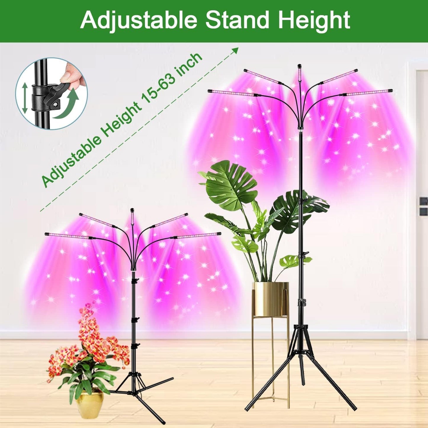 Garpsen LED Grow Light, 5 Head Full Spectrum Plant Light with Gooseneck, 3 Light Modes & 5 Levels Dimmable, 100 LEDs Grow Lamp with 15~63''Adjustable Tripod Stand, for Indoor Plants(2Pack)