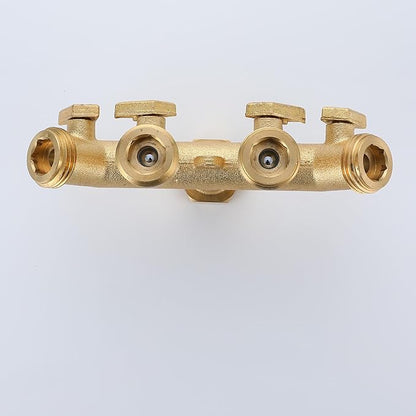 Bropury 4 Way Hose Splitter with Thickened and Optimized, Solid Brass Hose Connector NPT3/4", Hose Spigot Adapter 4 Valves with 5 Extra Rubber Washers and on/off Wrench (4 way)