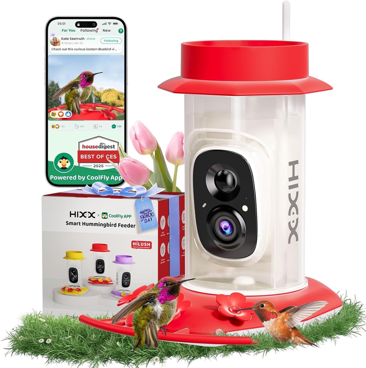HIXX Smart Hummingbird Feeder with Camera Solar Powered, with Ant Moat & Bee Proof AI Bird Recognition, Easy Clean & Refill, with Coolfly Birdwatching APP, Ideal Gifts for Hummingbird Lover (17.5 oz)